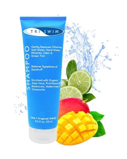 Triswim Shampoo 251ml bottle, self-care and recovery hair cleanser with blue and white packaging, designed for swimmers and athletes.