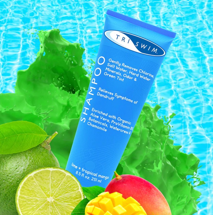 Triswim Shampoo 251ml bottle for self-care and recovery, with a clear label and blue cap on a white background.