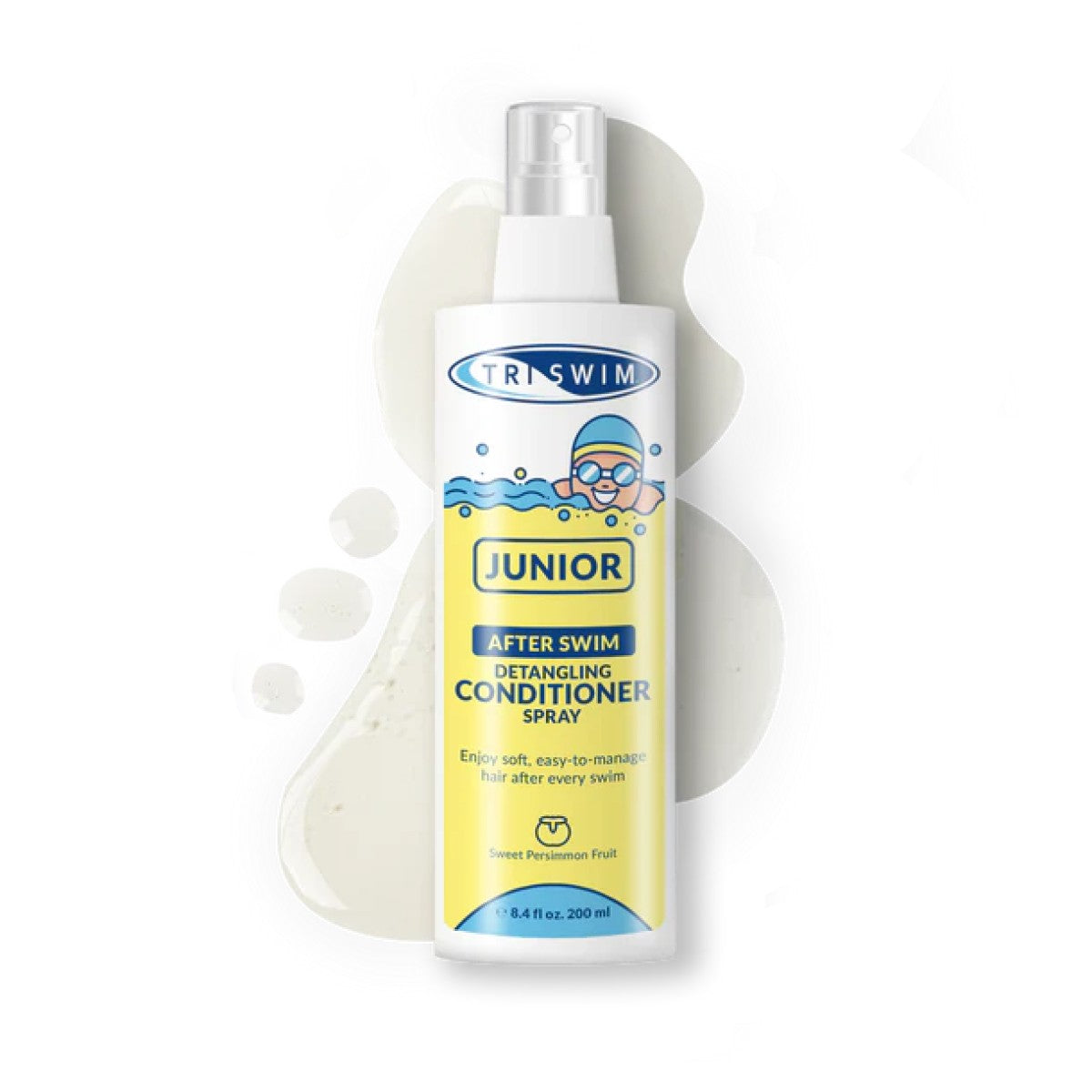 Triswim Junior detangling conditioner spray with sweet persimmon scent, 200ml bottle, for easy hair detangling and hydration.