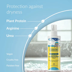 Triswim Junior Sweet Persimmon Detangling Conditioner Spray in 200ml bottle, showing the conditioner spray with colorful packaging.