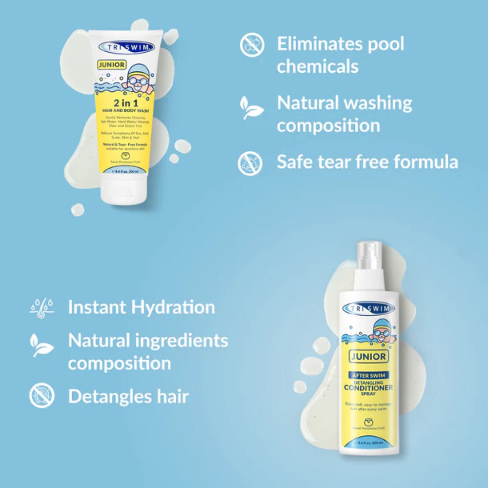Triswim Junior Sweet Persimmon Detangling Conditioner Spray 200ml, featuring a colorful spray bottle and playful packaging.