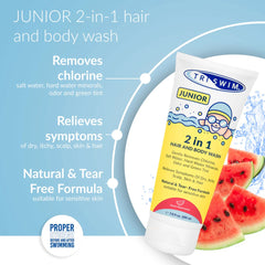 Triswim Junior Hair and Bodywash in 200ml, Sweet Watermelon scent, self-care and recovery product for kids, bottle with label.