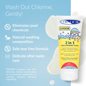 Triswim Junior hair and body wash in 200ml bottle with sweet watermelon scent, suitable for kids' hair and skin.