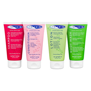 Triswim After Swim Care travel set with white bottles for body and hair recovery, designed for self-care after swimming.