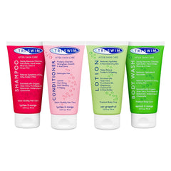 Triswim After Swim Care travel set with white bottles for body and hair recovery, designed for self-care after swimming.