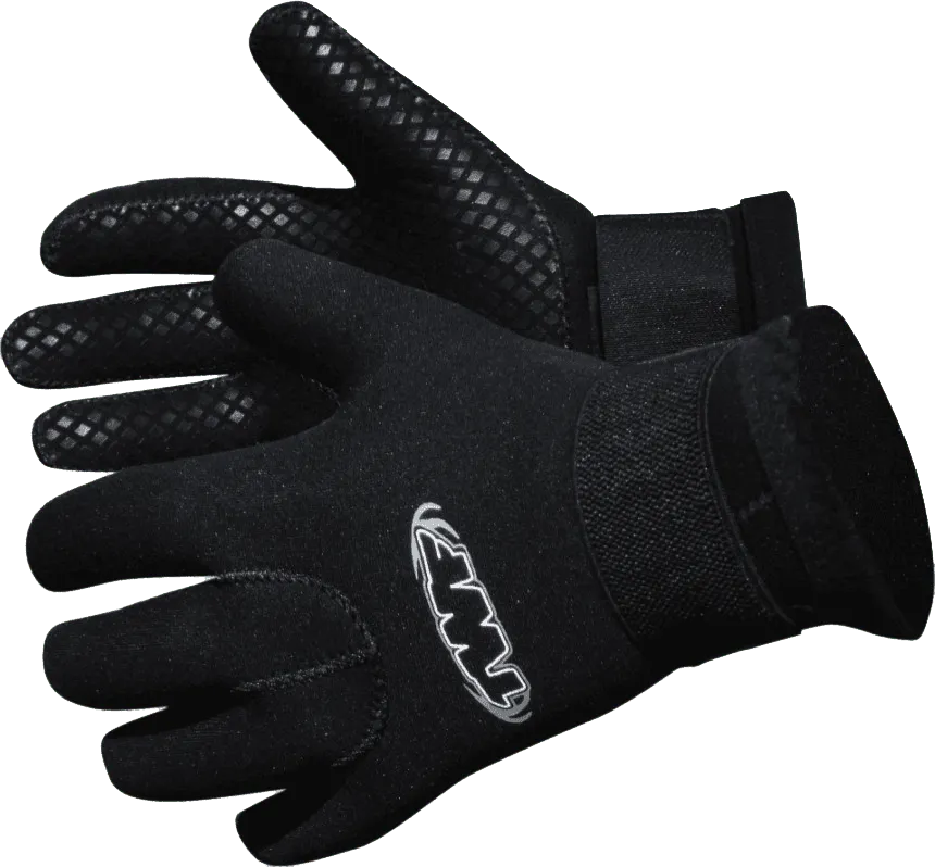 Black TWF 3mm swim gloves, lightweight and flexible for water sports, shown in close-up with textured palm and wrist closure.
