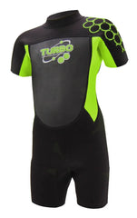 TWF Kids Turbo 2.5mm shortie wetsuit in black and green for children aged 7-8, designed for swimming and water activities