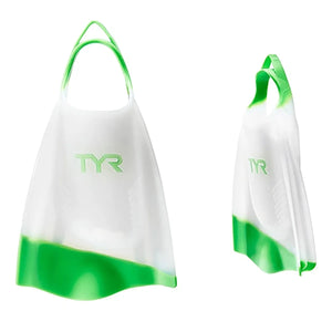 Clear TYR Hydroblade fins designed for swimming and training, featuring a sleek, transparent plastic construction.