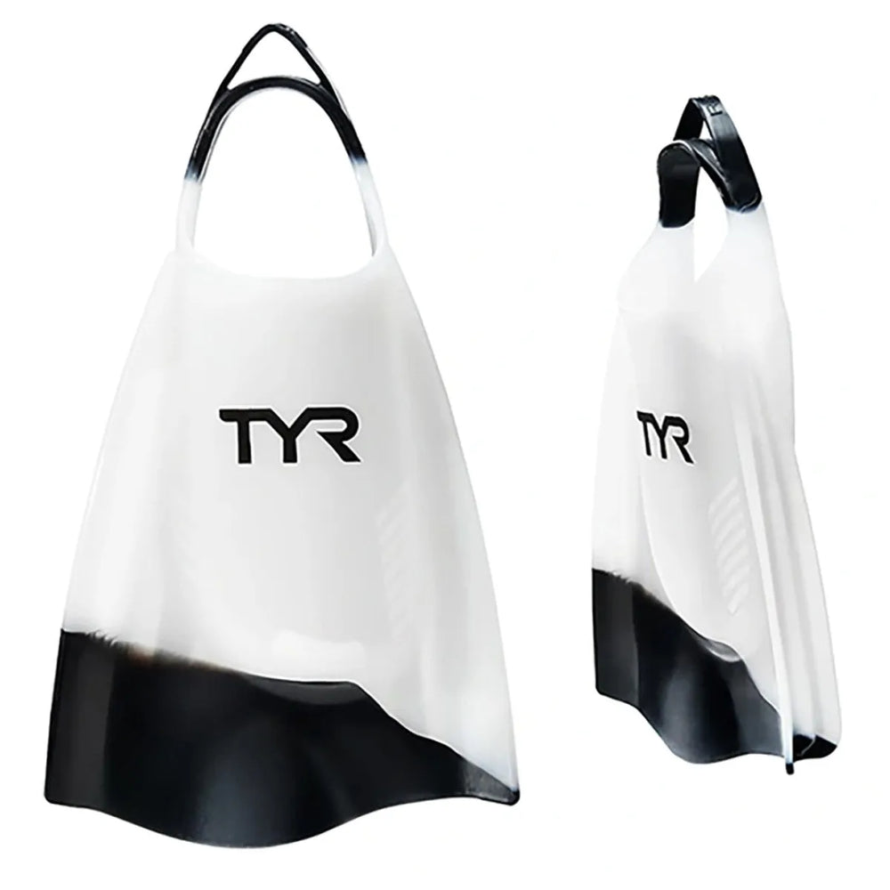 Clear TYR Hydroblade fins for swimming and training, featuring a sleek design with adjustable foot pockets for a secure fit.