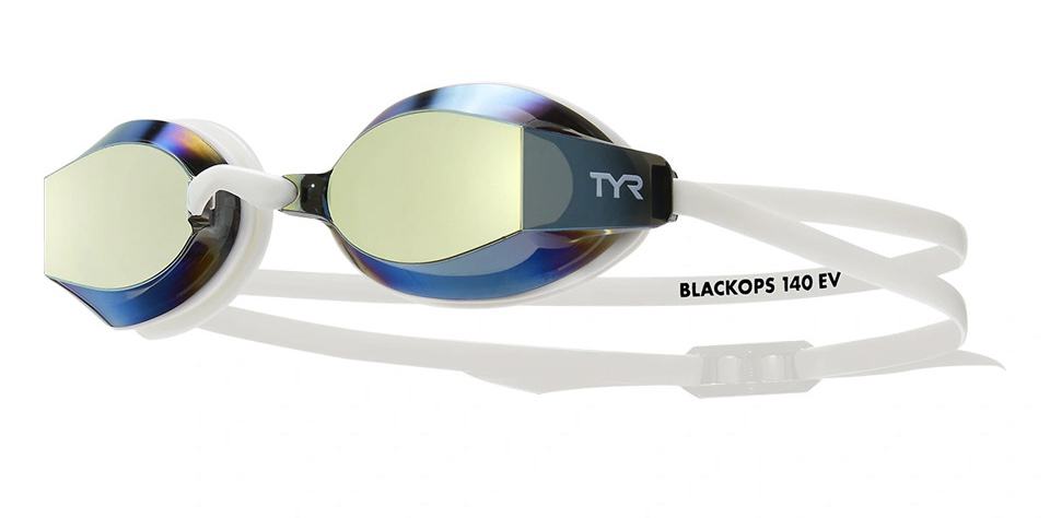 TYR Blackops 140 EV female fit mirror racing goggles in gold and white, featuring a sleek design and reflective lenses.