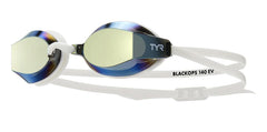 TYR Blackops 140 EV female fit mirror racing goggles in gold and white, featuring a sleek design and reflective lenses.