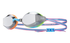 TYR Junior Blackops 140 EV mirror racing goggles with black frame and mirrored lenses for competitive swimming.