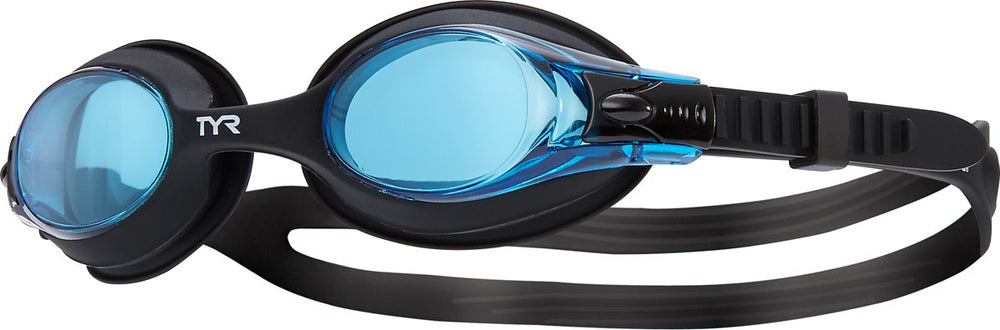 Black TYR Kids Swimples Goggles with adjustable strap and clear lenses, designed for young swimmers.