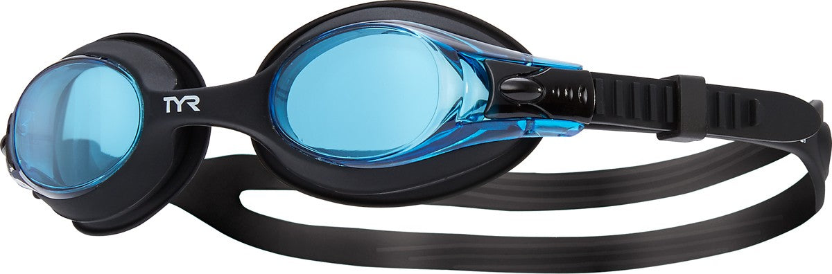 Black TYR Kids Swimples Goggles with adjustable strap and clear lenses, designed for young swimmers.