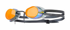 TYR Socket Rocket 2.0 Mirror Goggles in metallic fire finish, featuring adjustable straps and reflective lenses for swimming.