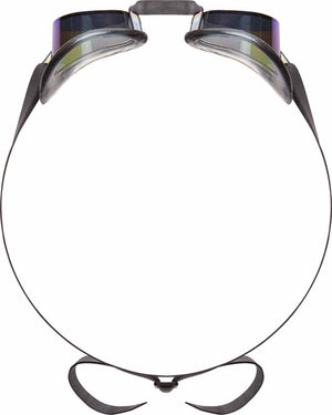 TYR Socket Rocket 2.0 mirror goggles with metallic fire finish, featuring adjustable straps and reflective lenses for swimming.