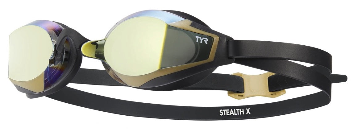 TYR Stealth X Mirror Racing Goggles in black with mirrored lenses, designed for competitive swimming and optimal eye protection.