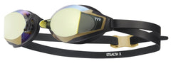 TYR Stealth X Mirror Racing Goggles in black with mirrored lenses, designed for competitive swimming and optimal eye protection.