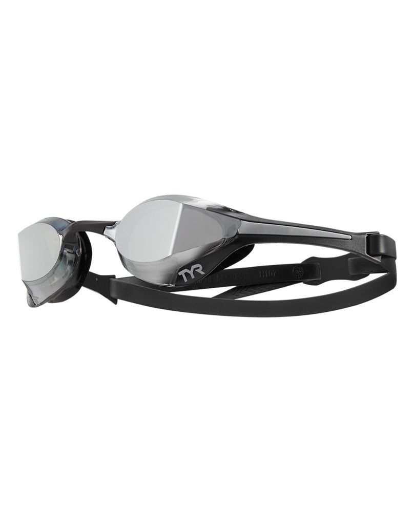 TYR Tracer-X Elite Racing mirrored black goggles with sleek design and adjustable strap for competitive swimming.