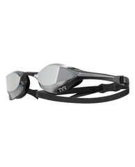 TYR Tracer-X Elite Racing mirrored black goggles with sleek design and adjustable strap for competitive swimming.