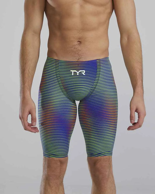 TYR men's Avictor 2.0 Luminis jammer in electric lime, close-up showing the fitted swimwear design and brand logo. 880
