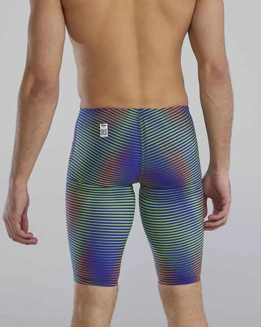 TYR men's Avictor 2.0 Luminis jammer in electric lime, close-up of the swimming jammers showing vibrant color and sleek design.