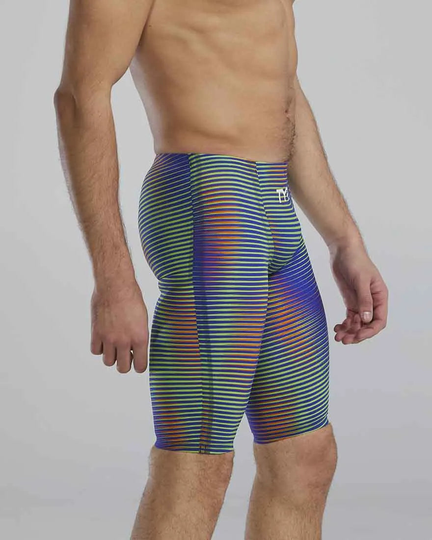 TYR men's Avictor 2.0 Luminis jammer in electric lime, close-up of sleek swimwear design and branding.