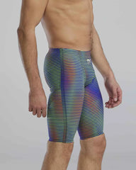 TYR men's Avictor 2.0 Luminis jammer in electric lime, close-up of sleek swimwear design and branding.