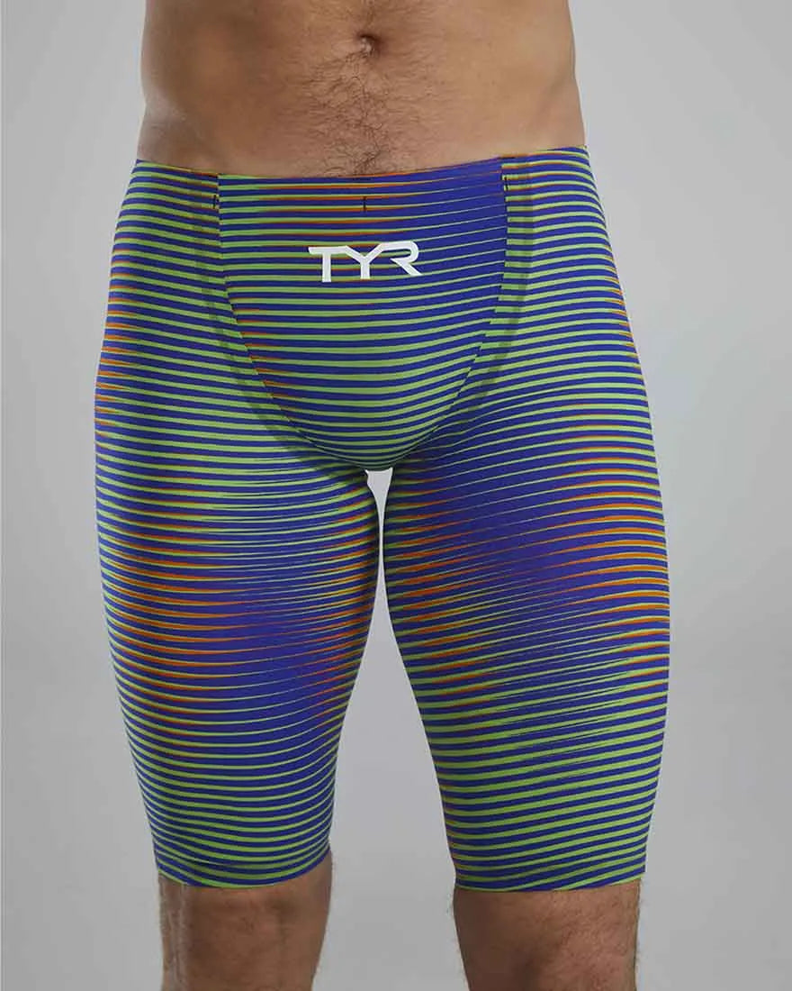 TYR men's Avictor 2.0 Luminis jammer in electric lime, close-up view of the swimmer's fitted swim jammer for competitive swimming
