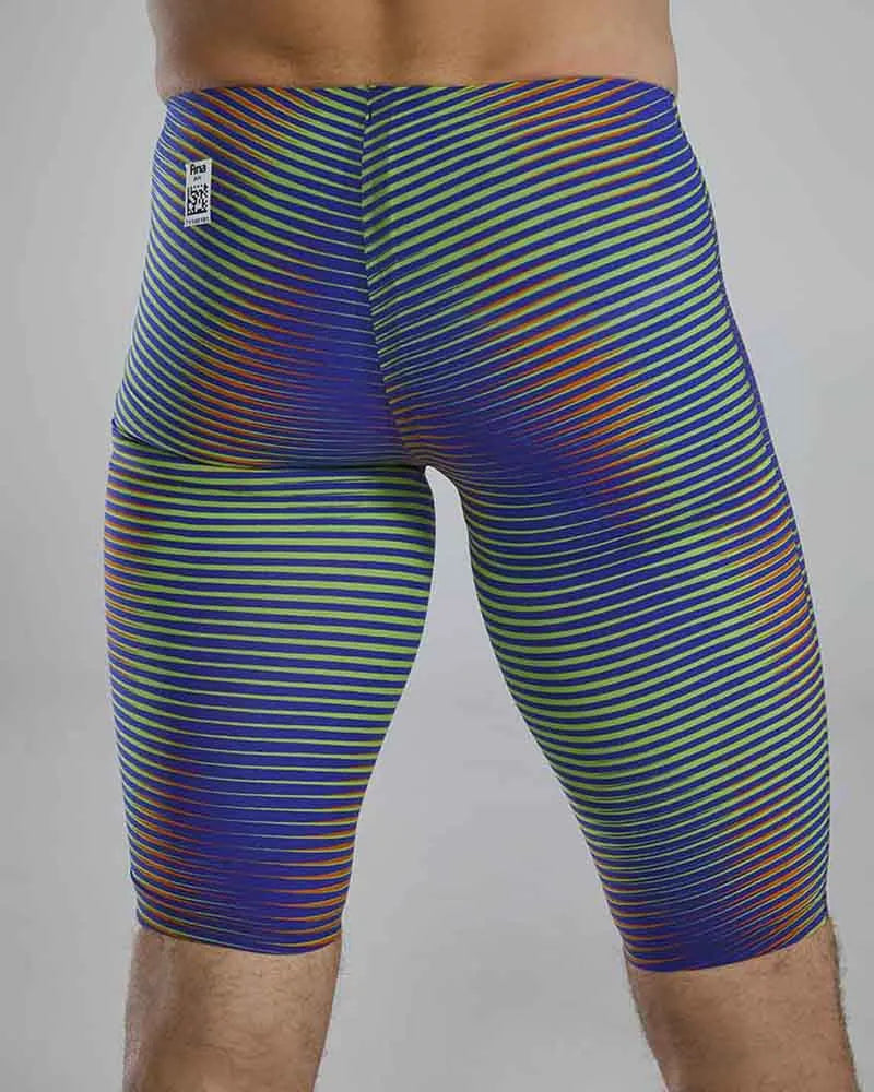 TYR men's Avictor 2.0 Luminis jammer in electric lime, close-up view showing sleek swimwear design and vibrant color.
