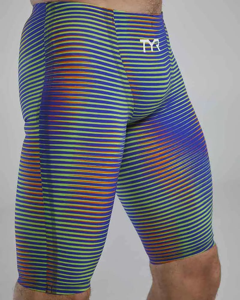 TYR Mens Avictor 2.0 Luminis Jammer in Electric Lime, close-up of the swim jammer with TYR branding and vibrant color.