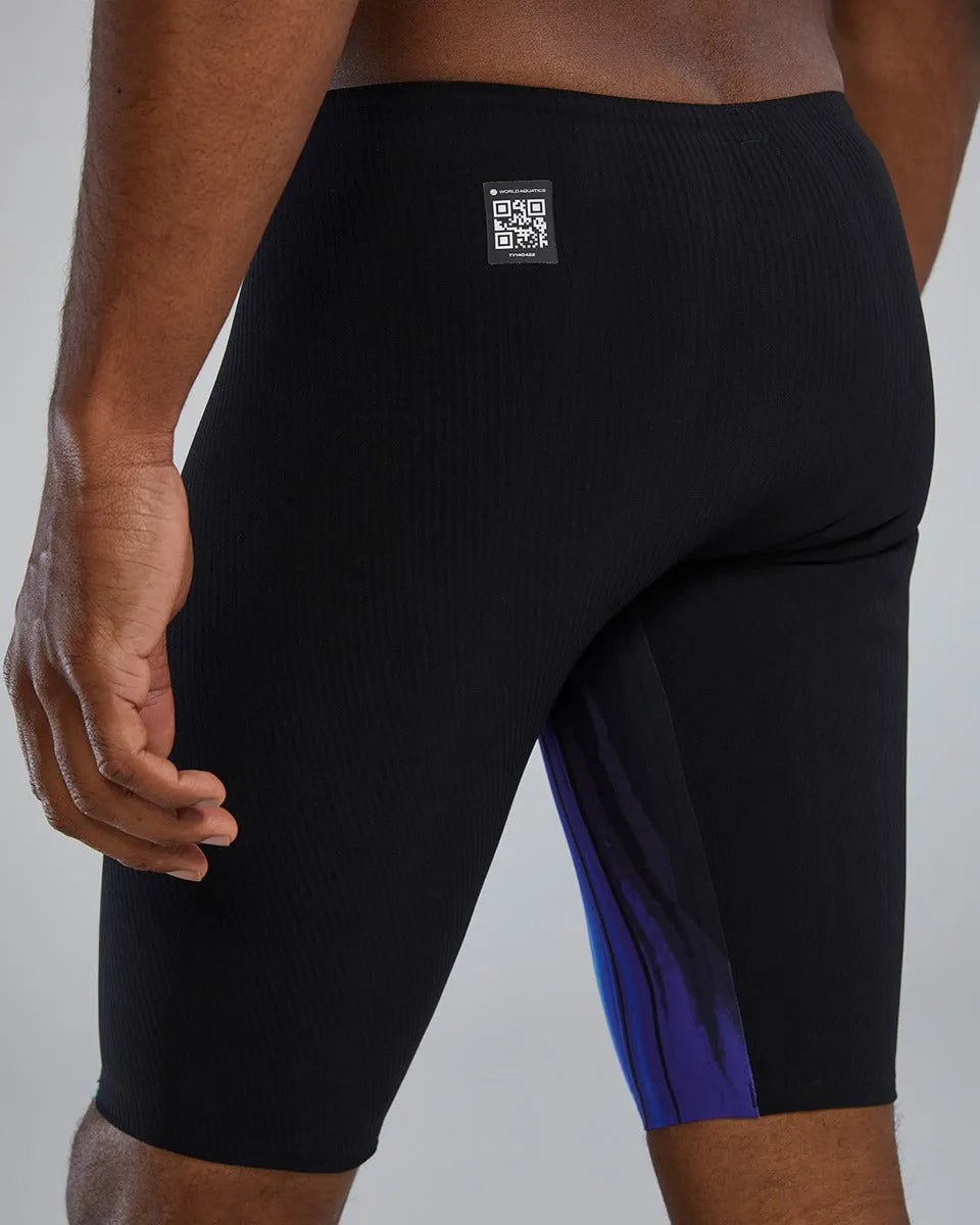TYR men's Shockwave Volconyx high-waisted swim jammer in lime and navy, designed for competitive swimming.