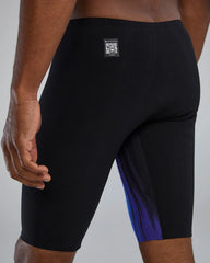 TYR men's Shockwave Volconyx high-waisted swim jammer in lime and navy, designed for competitive swimming.