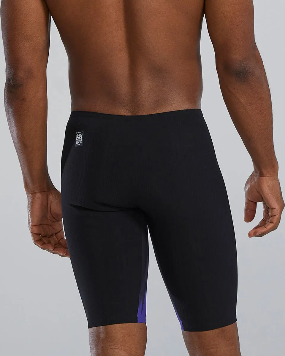 TYR men's Shockwave Volconyx high-waisted swim jammers in lime and navy, designed for competitive swimming.