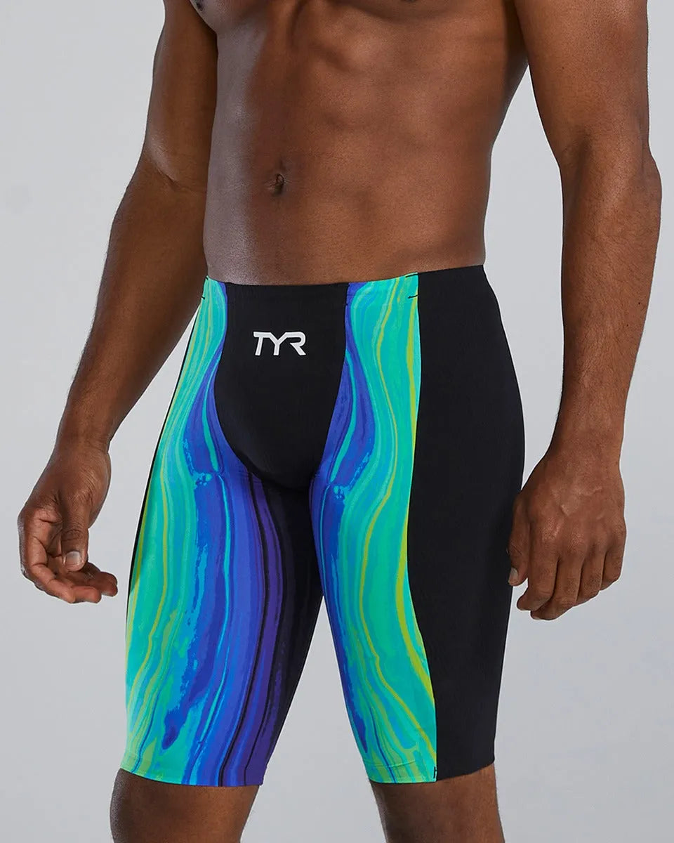 TYR men's Shockwave Volconyx high-waisted swim jammer in lime and navy, designed for competitive swimming performance.