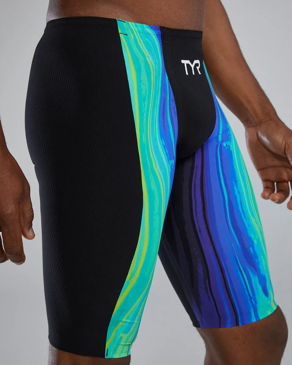 TYR men's Shockwave Volconyx high-waisted swim jammers in lime and navy, designed for competitive swimming performance.