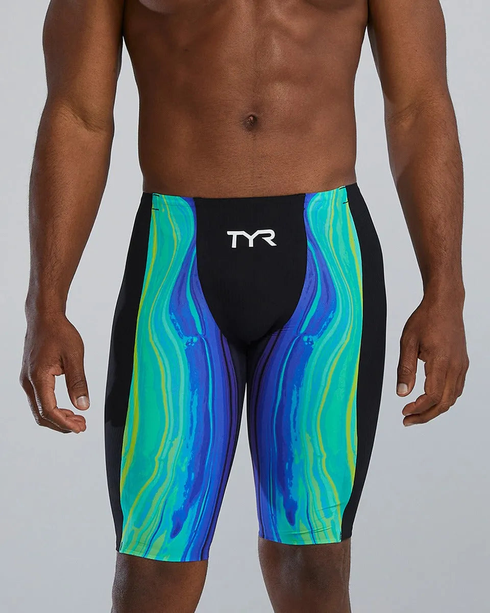 TYR men's Shockwave Volconyx high-waisted swim jammers in lime and navy, featuring a sleek, fitted design for competitive swimming.
