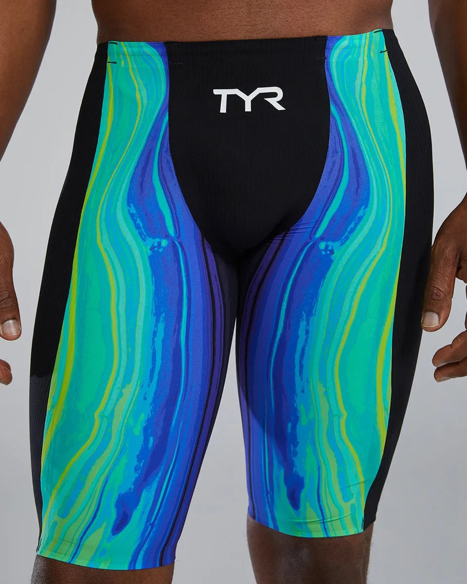 TYR men's Shockwave Volconyx high-waisted swim jammers in lime and navy, featuring a sleek design and performance fabric.