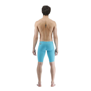 TYR men's Venzo low-waisted swim jammer in aqua, designed for competitive swimming with a sleek, form-fitting fit.