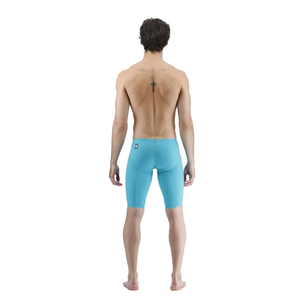 TYR men's Venzo low-waisted swim jammer in aqua, designed for competitive swimming with a sleek, form-fitting fit.