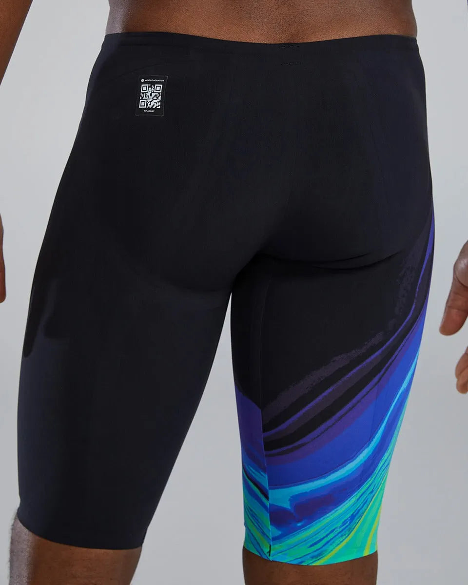 TYR men's Venzo Volconyx low waisted jammers in lime and navy, featuring a sleek swimwear design for competitive swimming.