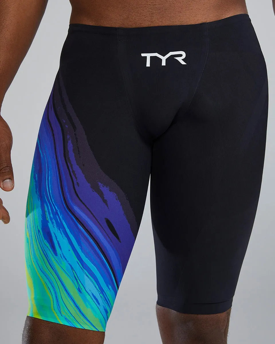 TYR men's Venzo Volconyx low-waisted swim jammers in lime and navy, designed for competitive swimming.