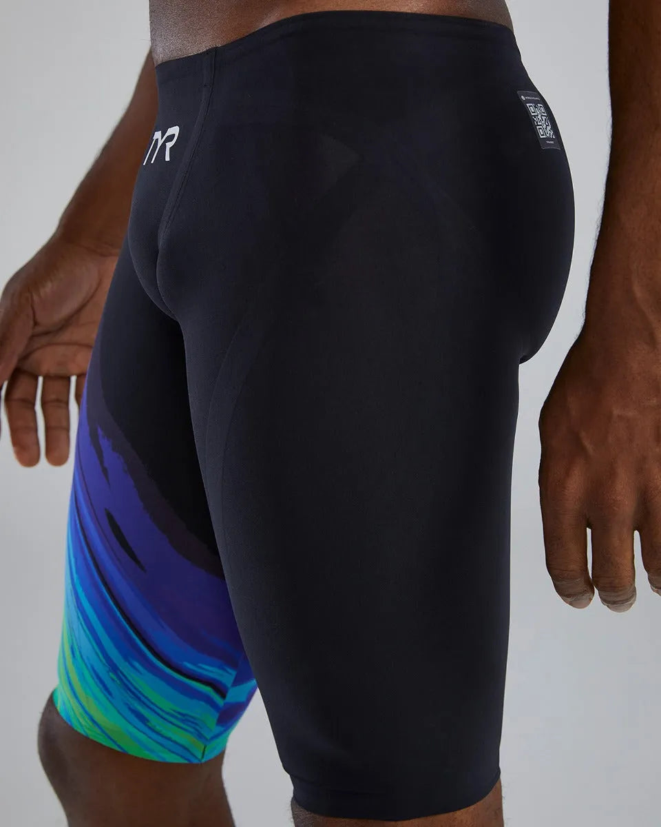 TYR men's Venzo Volconyx low-waisted swim jammers in lime and navy, designed for competitive swimming and performance.