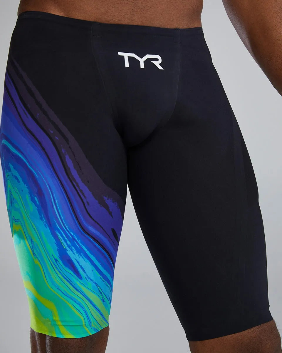 TYR men's Venzo Volconyx low waisted jammer in lime and navy, featuring a sleek swimwear design for competitive swimming.