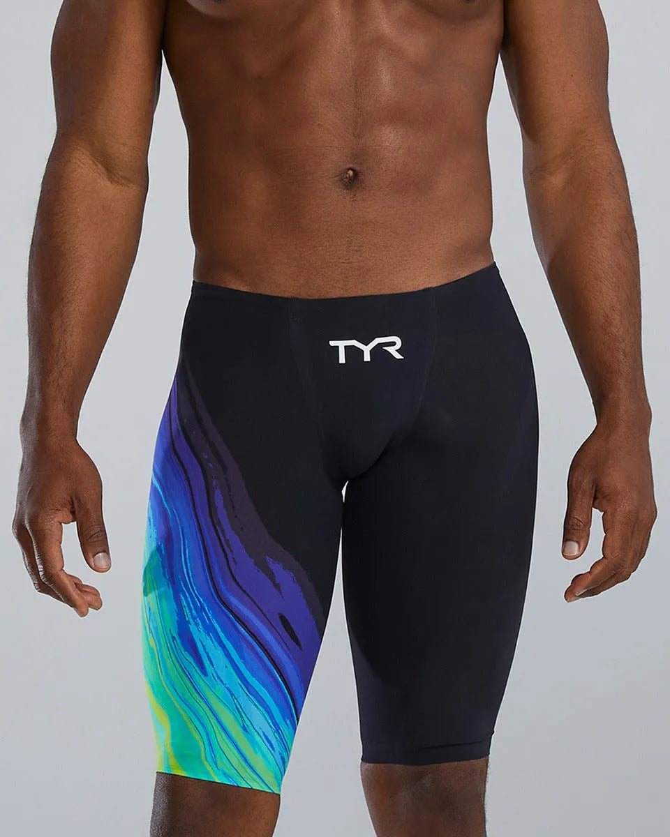 TYR men's Venzo Volconyx low-waisted swim jammers in lime and navy, designed for competitive swimming and athletic performance.