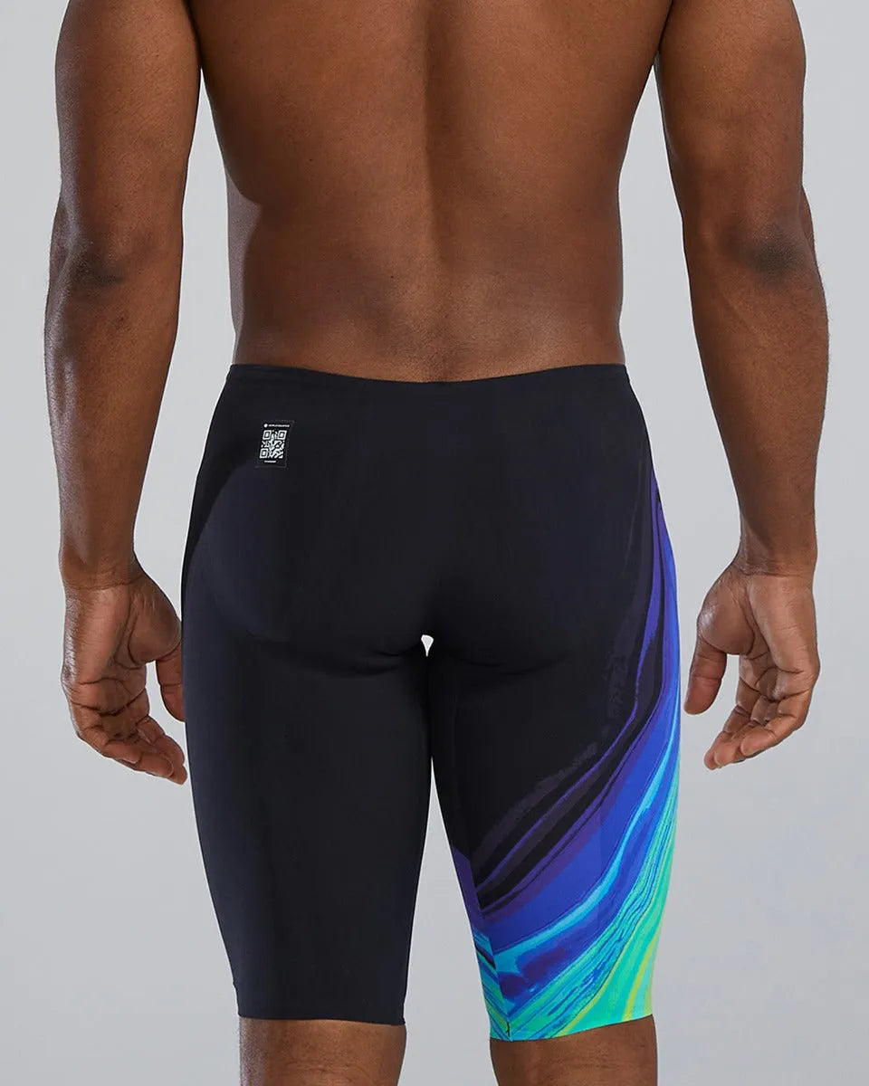 TYR men's Venzo Volconyx low-waisted swim jammer in lime and navy, designed for competitive swimming performance.