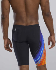 TYR men's Venzo Volconyx low-waisted jammers in orange and navy, designed for competitive swimming.