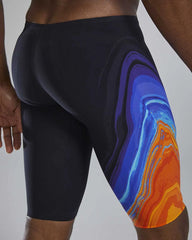 TYR men's Venzo Volconyx low-waisted jammer in orange and navy, lightweight swimwear for competitive or training swimming.