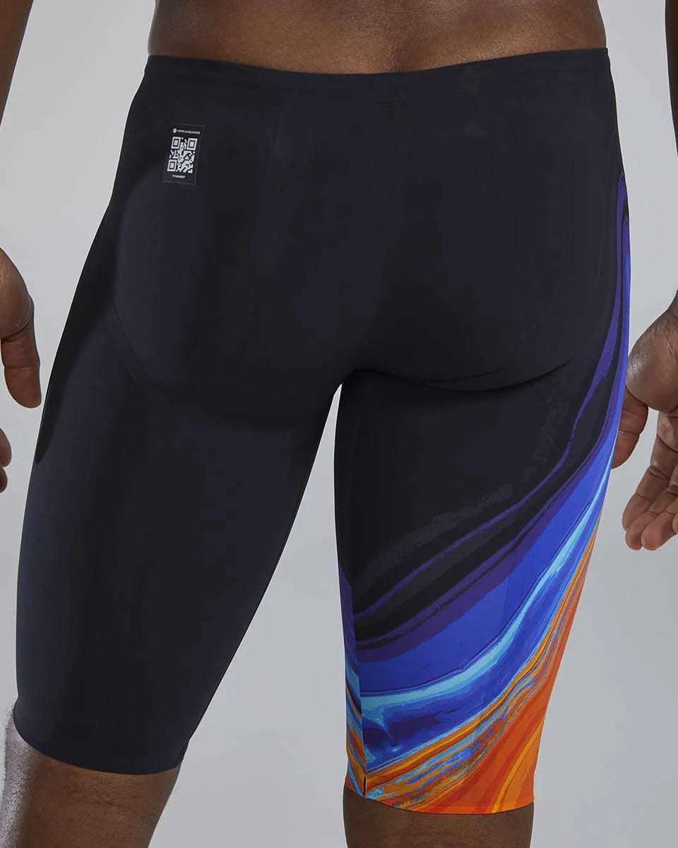 TYR men's Venzo Volconyx low-waisted swim jammer in orange and navy, designed for competitive swimming and performance.