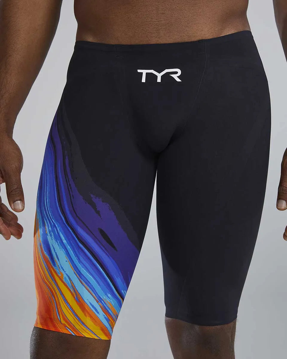 TYR men's Venzo Volconyx low-waisted jammers in orange and navy, designed for competitive swimming and performance.